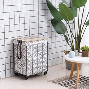 TECHMILLY Rolling Laundry Basket with Lockable Wheels, Large Laundry Hamper with Wood Lid, Metal Laundry Basket Organizer with Detachable Liner, Collapsible Clothes Hamper with Rope Handle, White