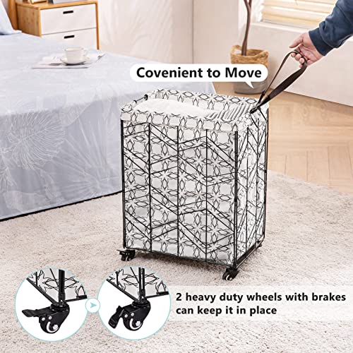 TECHMILLY Rolling Laundry Basket with Lockable Wheels, Large Laundry Hamper with Wood Lid, Metal Laundry Basket Organizer with Detachable Liner, Collapsible Clothes Hamper with Rope Handle, White