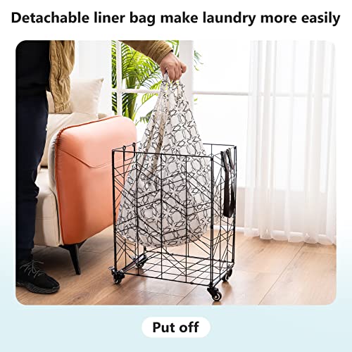 TECHMILLY Rolling Laundry Basket with Lockable Wheels, Large Laundry Hamper with Wood Lid, Metal Laundry Basket Organizer with Detachable Liner, Collapsible Clothes Hamper with Rope Handle, White