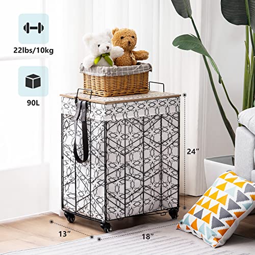 TECHMILLY Rolling Laundry Basket with Lockable Wheels, Large Laundry Hamper with Wood Lid, Metal Laundry Basket Organizer with Detachable Liner, Collapsible Clothes Hamper with Rope Handle, White