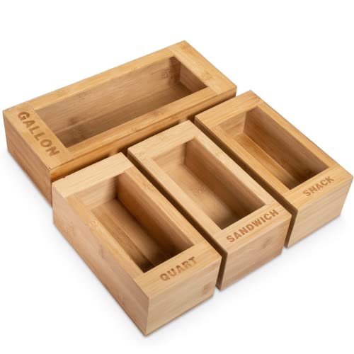 Plastic Bag Organizer and Sandwich Bag Organizer for Drawer Set of 4 – Bamboo Ziplock Bag Organizer - Zip Lock Bag Container and Baggie Organizer for Drawer - Ziplock Bag Storage Organizer by Peraco