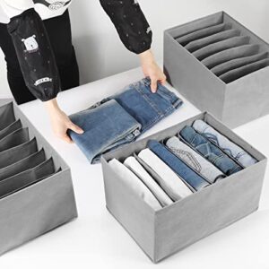 Coorganisers 3 Pack Jeans Wardrobe Clothes Organizer, Washable Clothes Organizer for Folded Clothes, Non-Woven Fabric Drawer Organizers for Clothing, 7 Grids Compartment Storage Box Clothing（Gray）