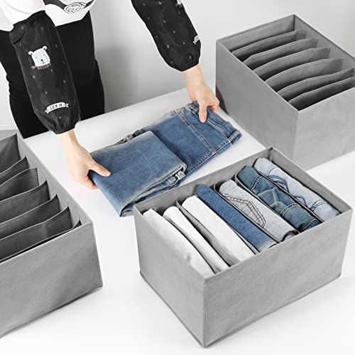 Coorganisers 3 Pack Jeans Wardrobe Clothes Organizer, Washable Clothes Organizer for Folded Clothes, Non-Woven Fabric Drawer Organizers for Clothing, 7 Grids Compartment Storage Box Clothing（Gray）