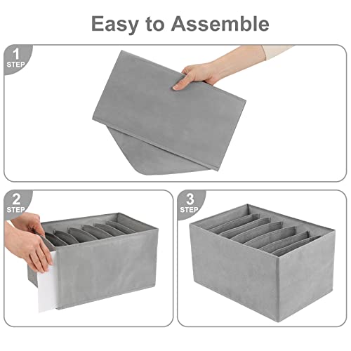 Coorganisers 3 Pack Jeans Wardrobe Clothes Organizer, Washable Clothes Organizer for Folded Clothes, Non-Woven Fabric Drawer Organizers for Clothing, 7 Grids Compartment Storage Box Clothing（Gray）