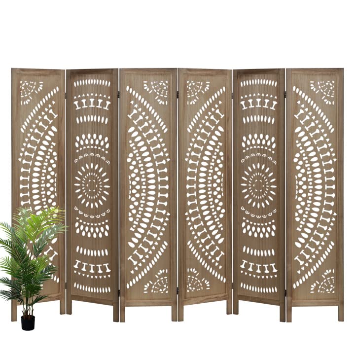 ECOMEX 6 Panel Room Divider, Folding Room Divider Freestanding Privacy Screen Divider, Carved Wood Room Divider for Bedroom Home Office Apartment Studio Hotel Restaurant Garden Terrace (Brown)