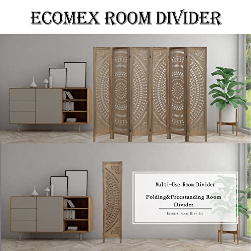 ECOMEX 6 Panel Room Divider, Folding Room Divider Freestanding Privacy Screen Divider, Carved Wood Room Divider for Bedroom Home Office Apartment Studio Hotel Restaurant Garden Terrace (Brown)