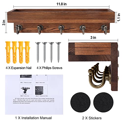 Maloun Mail and Key Holder for Wall Decorative, Wooden Wall Key Rack Organizer with 5pcs Key Hooks, Wall Mount Key Hanger for Rustic Home Decorative, The Key Mail Organizer