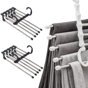multifunctional pants rack hanger 2 pack pants racks for hanging pants, 5 in 1 adjustable pant rack towel shelves closet organizer stainless steel wardrobe magic trouser hangers space saving (black)
