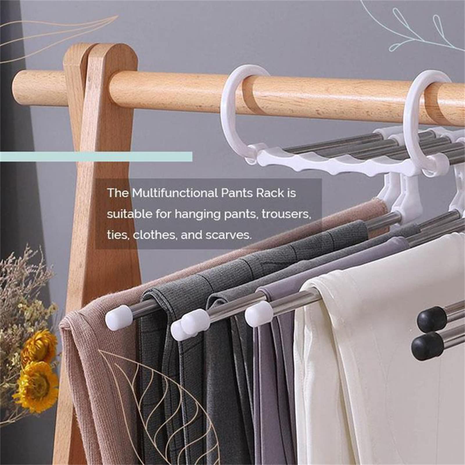 Multifunctional Pants Rack Hanger 2 Pack Pants Racks for Hanging Pants, 5 in 1 Adjustable Pant Rack Towel Shelves Closet Organizer Stainless Steel Wardrobe Magic Trouser Hangers Space Saving (Black)