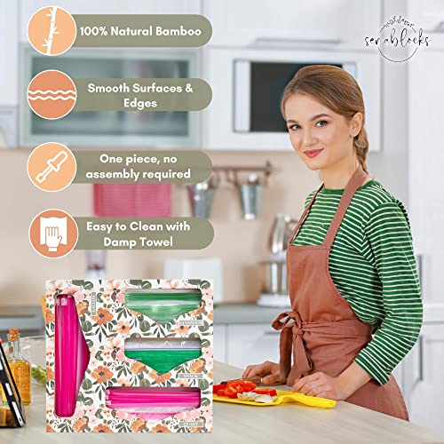 Senablocks Ziplock Bag Storage Organizer in Bamboo, compatible with Ziploc Bag Organizer in Gallon, Quart, Sandwich & Snack Size Bags - Assembled Floral Print Ziplock Organizer for Drawer (4 slots)