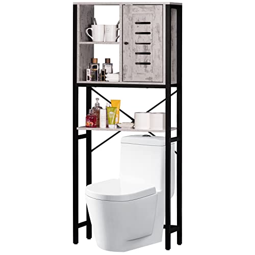 LELELINKY Over The Toilet Storage Cabinet, Bathroom Storage Organizer Shelf, 3-Tier Tall Freestanding Multifunctional Rack with Door and Open Shelves, Industrial Steel Frame - 67', Stone Grey