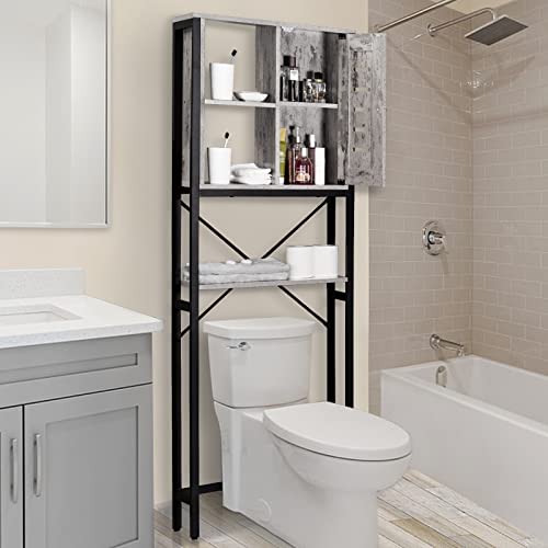 LELELINKY Over The Toilet Storage Cabinet, Bathroom Storage Organizer Shelf, 3-Tier Tall Freestanding Multifunctional Rack with Door and Open Shelves, Industrial Steel Frame - 67', Stone Grey