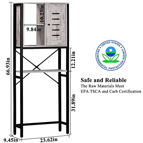 LELELINKY Over The Toilet Storage Cabinet, Bathroom Storage Organizer Shelf, 3-Tier Tall Freestanding Multifunctional Rack with Door and Open Shelves, Industrial Steel Frame - 67', Stone Grey