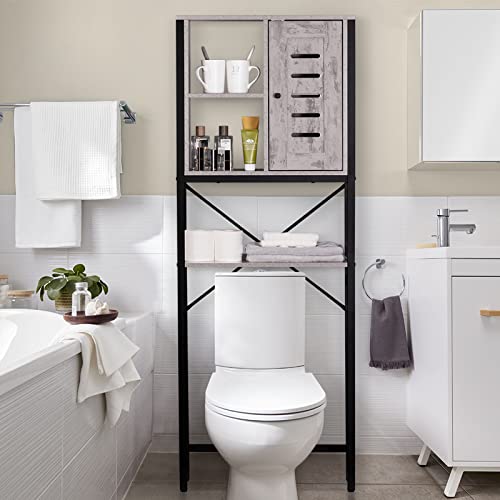 LELELINKY Over The Toilet Storage Cabinet, Bathroom Storage Organizer Shelf, 3-Tier Tall Freestanding Multifunctional Rack with Door and Open Shelves, Industrial Steel Frame - 67', Stone Grey