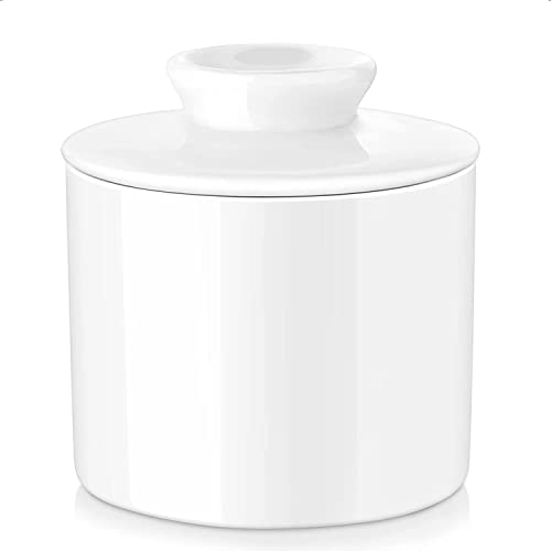 French Butter Crock, LOVECASA Ceramic Butter Dish with Lid for Countertop, Farmhouse Butter Keeper Container with Water Line,Perfect Butter Storage to Keep Fresh and Spreadable（White）