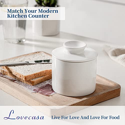 French Butter Crock, LOVECASA Ceramic Butter Dish with Lid for Countertop, Farmhouse Butter Keeper Container with Water Line,Perfect Butter Storage to Keep Fresh and Spreadable（White）