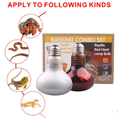 Aiicioo Reptile Heat Lamp Combo Set - 100W Day and Night Reptile Light Bulb Infrared Basking Bulb for Bearded Dragon Lizard Turtle Hermit Crab Leopard Gecko Snake Chameleon Tank