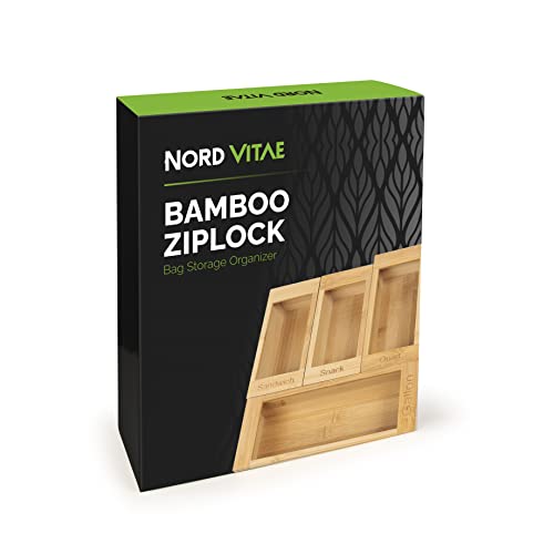 Nord Vitae Bamboo Ziplock Bag Organizer for Kitchen Drawer Compatible with Gallon, Quart, Sandwich and Snack Variety Size Bag (4 Piece Set)