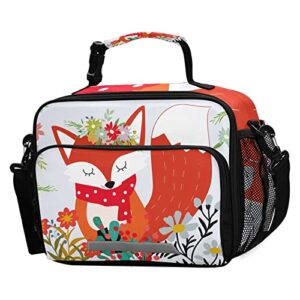 cute fox lunch box flower insulated lunch bag girls cooler tote kids boys shoulder strap reusable for school picnic travel office