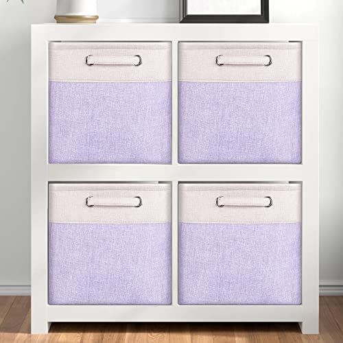 Fabric Cube Storage Bins Foldable Storage Boxes Light Purple and Silver Khaki Patchwork Storage Baskets Cubes Storage Bins with Handle Cube Inserts Storage for Home and Office Supplies 13x13x13 cube organizer bin Pack of 3
