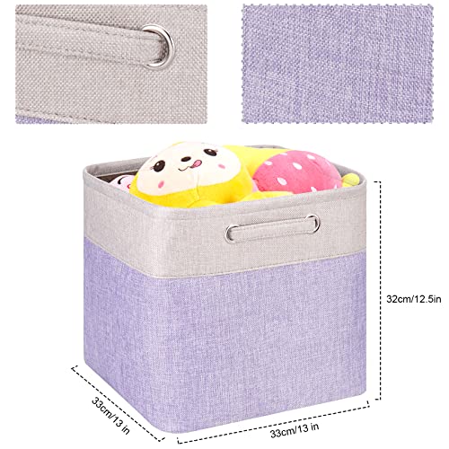 Fabric Cube Storage Bins Foldable Storage Boxes Light Purple and Silver Khaki Patchwork Storage Baskets Cubes Storage Bins with Handle Cube Inserts Storage for Home and Office Supplies 13x13x13 cube organizer bin Pack of 3