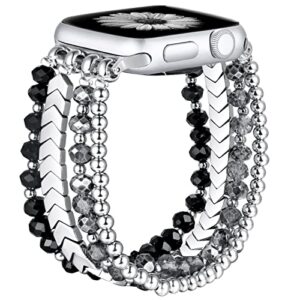 fastgo bracelet band beaded compatible with apple watch 38mm 40mm 41mm 42mm 44mm 45mm 49mm women,fashion elastic stretch strap bands for iwatch se&series 9 ultra 8 7 6 5 4 3 2 1(black/sliver/grey,s/m)