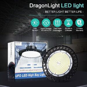 DragonLight LED High Bay Light 200W, 0-10V Dimmable 30,000LM LED UFO Light Fixture [800W MH/HPS Equiv.] 5000K 5' Cable with US Plug 100-277V for High Bay Commercial Area Lighting, 5-Year Warranty