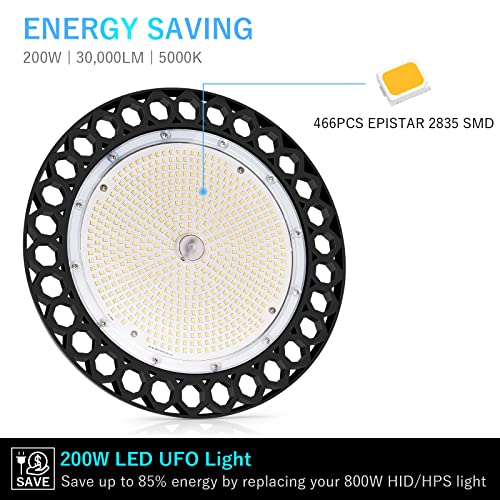 DragonLight LED High Bay Light 200W, 0-10V Dimmable 30,000LM LED UFO Light Fixture [800W MH/HPS Equiv.] 5000K 5' Cable with US Plug 100-277V for High Bay Commercial Area Lighting, 5-Year Warranty