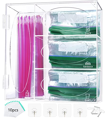 KMOLY Ziplock Bag Storage Organizer Plastic Bag Organizer Holder Acrylic Kitchen Food Storage Bag Dispenser for Gallon Quart Sandwich and Snack Compatible with Ziploc Solimo Hefty Glad Bags