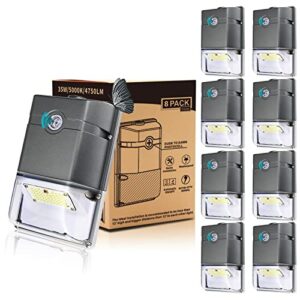 hibay led dusk to dawn wall pack light with photocell sensor, 35w 4750lm 5000k daylight outdoor wall lights replaces 150-250w hps/hid, ip65 exterior patio security wall lighting, 8-pack