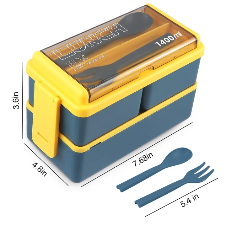 NatraProw Bento Box Adult Lunch Box, 3-in-1 Stackable Lunch Containers, 47OZ Bento Box with 4 Compartments, Fork & Spoon, Leak Proof, Microwave Safe (Blue)