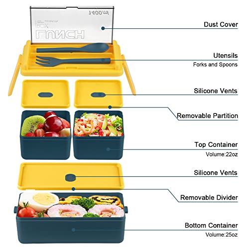 NatraProw Bento Box Adult Lunch Box, 3-in-1 Stackable Lunch Containers, 47OZ Bento Box with 4 Compartments, Fork & Spoon, Leak Proof, Microwave Safe (Blue)