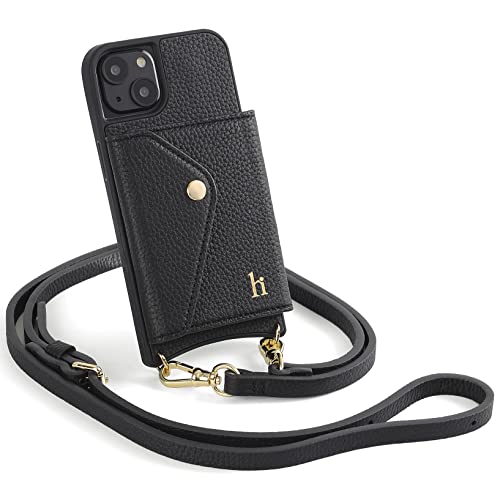 HoldingIT Leather Wallet Phone Case Compatible with iPhone 13 Models, Travel Credit Card Holder and Crossbody Carry Strap, Vintage Black Cover and Gold-Plated Hooks, Women or Men (iPhone 13)