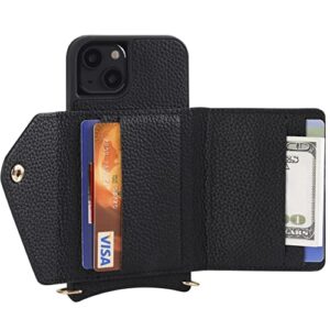 HoldingIT Leather Wallet Phone Case Compatible with iPhone 13 Models, Travel Credit Card Holder and Crossbody Carry Strap, Vintage Black Cover and Gold-Plated Hooks, Women or Men (iPhone 13)