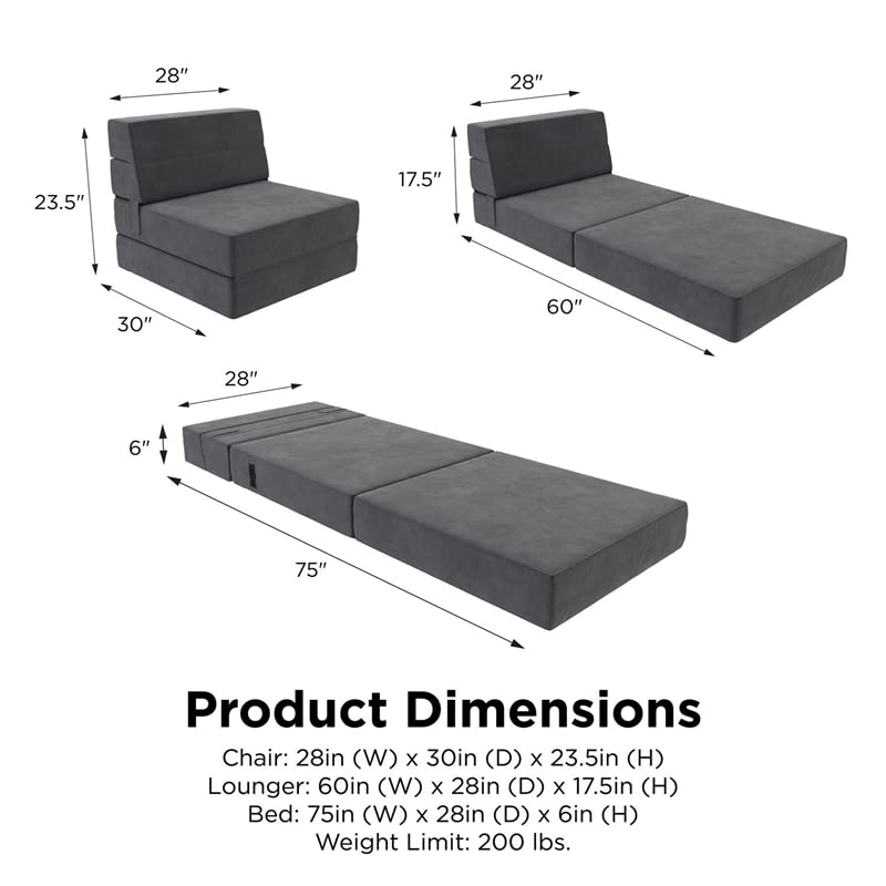 Pemberly Row Microfiber 3-in-1 Comfy Flip Out Chair & Sleeper in Gray