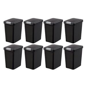 sterilite 7.5 gallon touchtop narrow plastic wastebasket with secure titanium latch for kitchen, bathroom, and office use, black (8 pack)