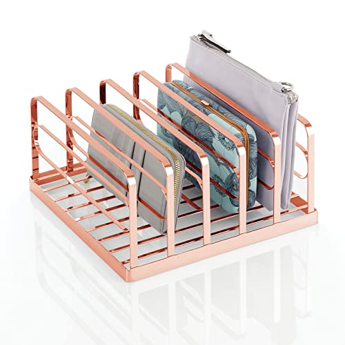 mDesign Metal Divided Stackable Purse Organizer for Closets, Bedrooms, Dressers, Shelves - Closet Shelf Storage Solution for Purses, Clutches, Wallets, Accessories - 5 Sections - Rose Gold