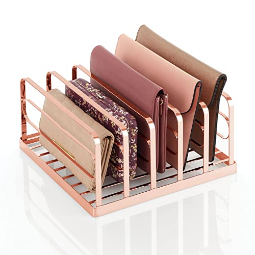 mDesign Metal Divided Stackable Purse Organizer for Closets, Bedrooms, Dressers, Shelves - Closet Shelf Storage Solution for Purses, Clutches, Wallets, Accessories - 5 Sections - Rose Gold