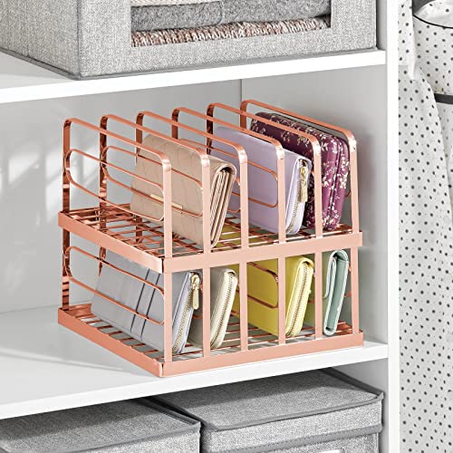 mDesign Metal Divided Stackable Purse Organizer for Closets, Bedrooms, Dressers, Shelves - Closet Shelf Storage Solution for Purses, Clutches, Wallets, Accessories - 5 Sections - Rose Gold