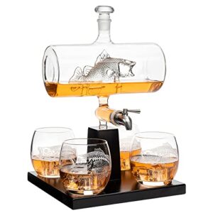 bass fish wine & whiskey decanter set 1100ml by the wine savant with 4 bass whiskey glasses, fishing gifts, fisherman gifts, boating gifts, drink dispenser scotch, bourbon,gifts for dad