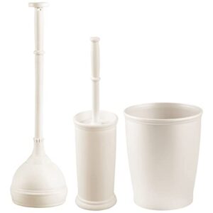 mdesign plastic modern bathroom storage and cleaning accessory set - includes toilet plunger, bowl brush, wastebasket trash can/garbage bin - 3 pieces - hyde collection - cream/beige