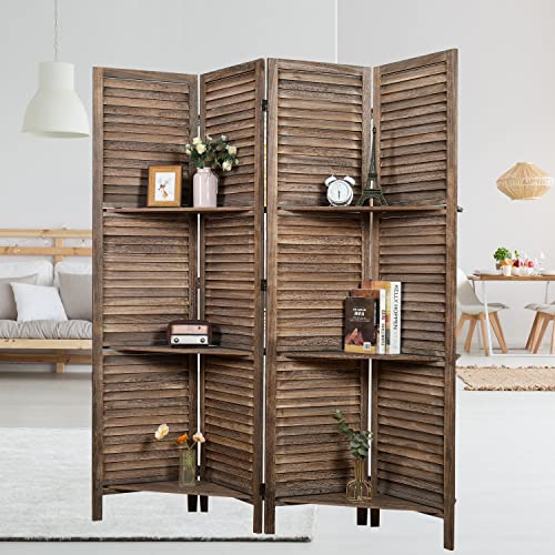 Proman Products Rancho Shelf 4 Panel Room Divider FS17191, Folding Screen, Privacy Screen, Room Partition, Paulownia Wood, (Max Extend with Shelves) 47" W x 11" D x 67" H, Rustic Brown