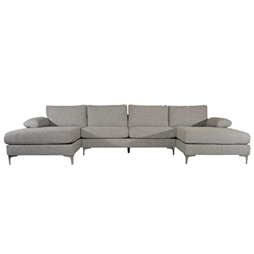 Casa Andrea Milano Modern Large Tweed Fabric U-Shape Sectional Sofa, Double Extra Wide Chaise Lounge Couch, Light Grey