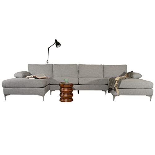 Casa Andrea Milano Modern Large Tweed Fabric U-Shape Sectional Sofa, Double Extra Wide Chaise Lounge Couch, Light Grey