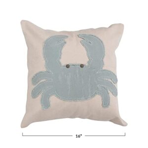 Creative Co-Op Cotton Appliqued Crab, Embroidery and Buttons Pillow, 16" L x 16" W x 2" H, Multicolor