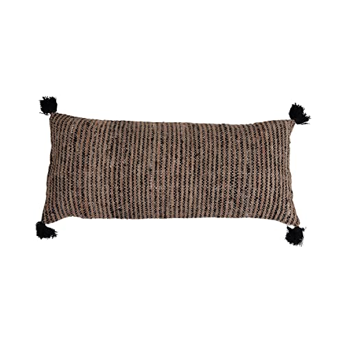 Bloomingville Woven Cotton Striped Lumbar Chambray Back and Tassels Pillow, 36" L x 16" W x 1" H, Black