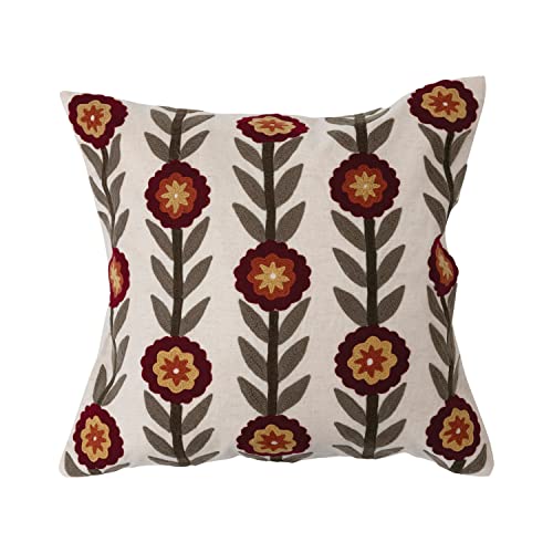 Creative Co-Op Cotton Embroidered Pillow with Flowers