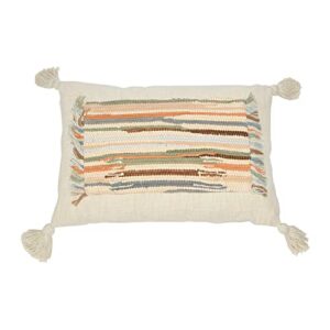 creative co-op woven cotton slub lumbar applique, fringe and tassels pillow, 24" l x 16" w x 2" h, multicolor