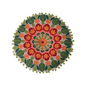 creative co-op cotton embroidered pom trim pillow, 16" l x 16" w x 3" h, multicolor
