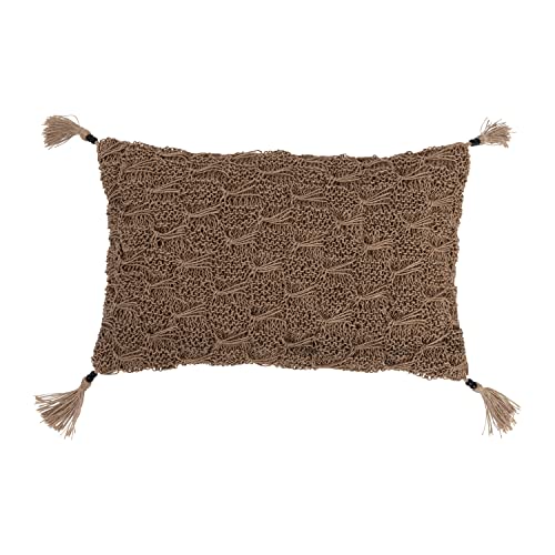 Creative Co-Op Hand-Woven Cotton Macramé Lumbar Jute Tassels and Mango Wood Beads Pillow, 20" L x 12" W x 2" H, Brown